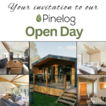 Your invitation to our Pinelog Open Day 1 October 2026 graphic including collage of luxury lodge interiors and exterior