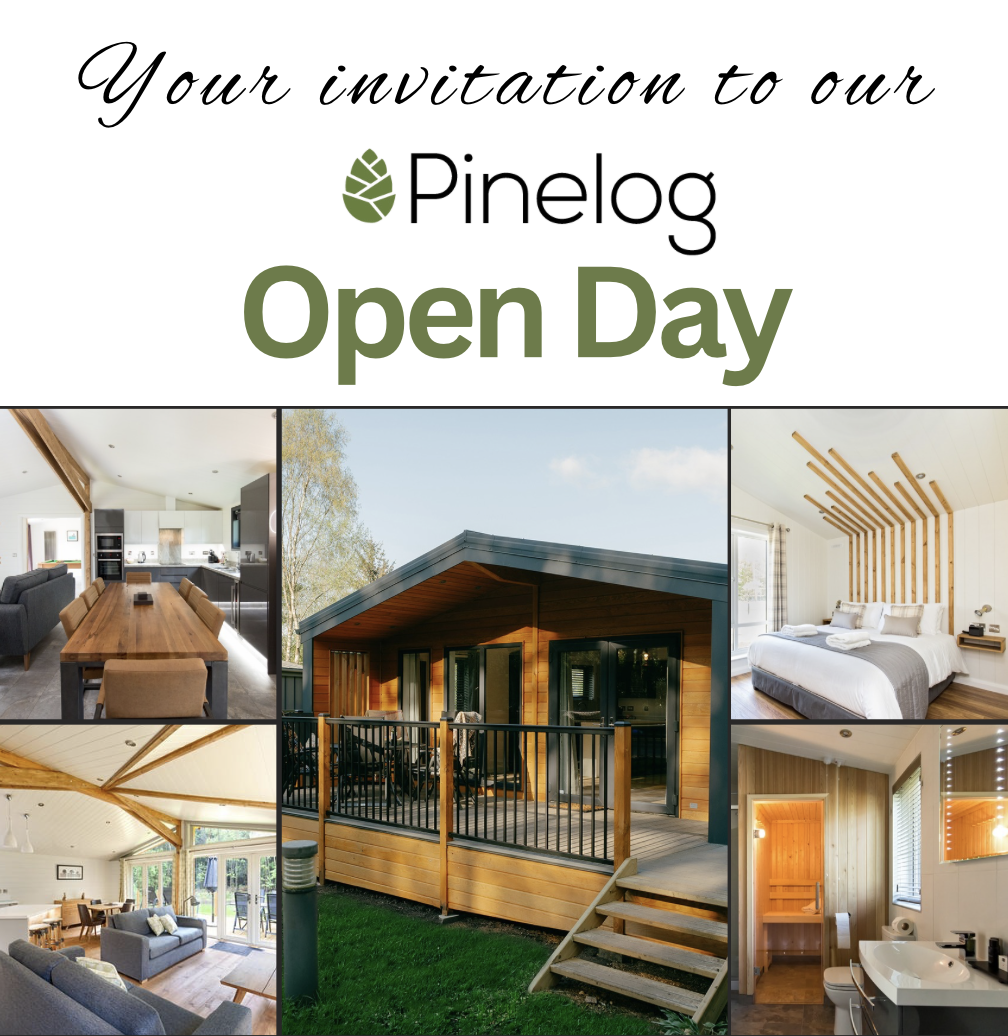 Your invitation to our Pinelog Open Day 1 October 2026 graphic including collage of luxury lodge interiors and exterior